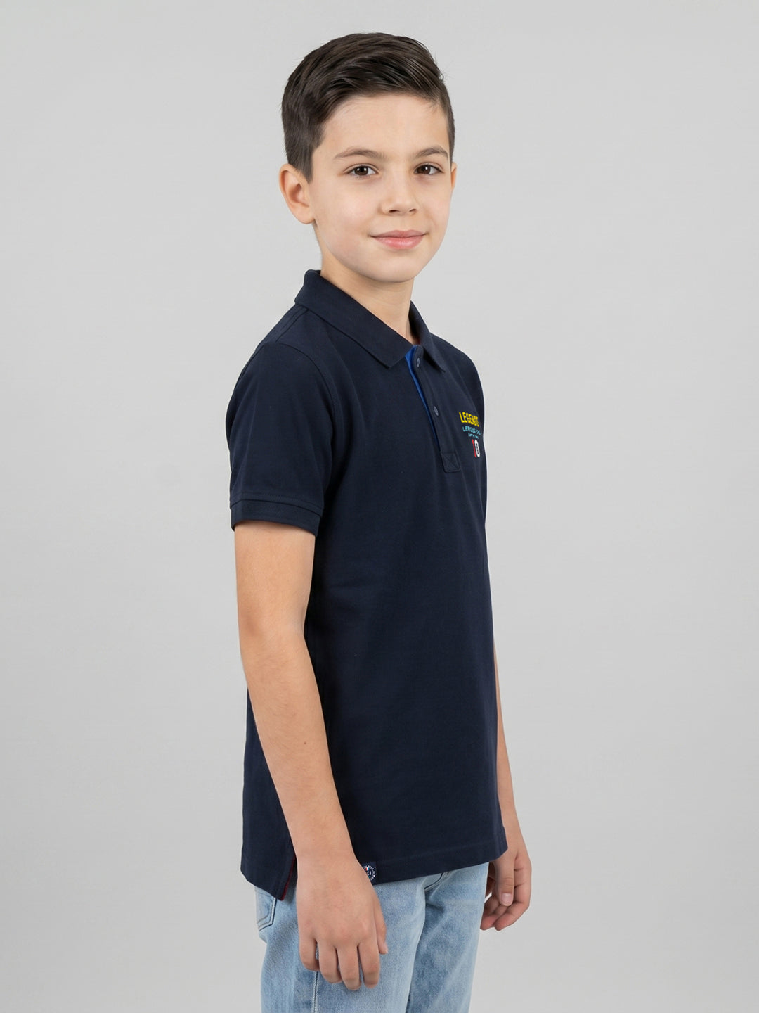 Boys Navy Blue Solid Collar Half Sleeve T-Shirt