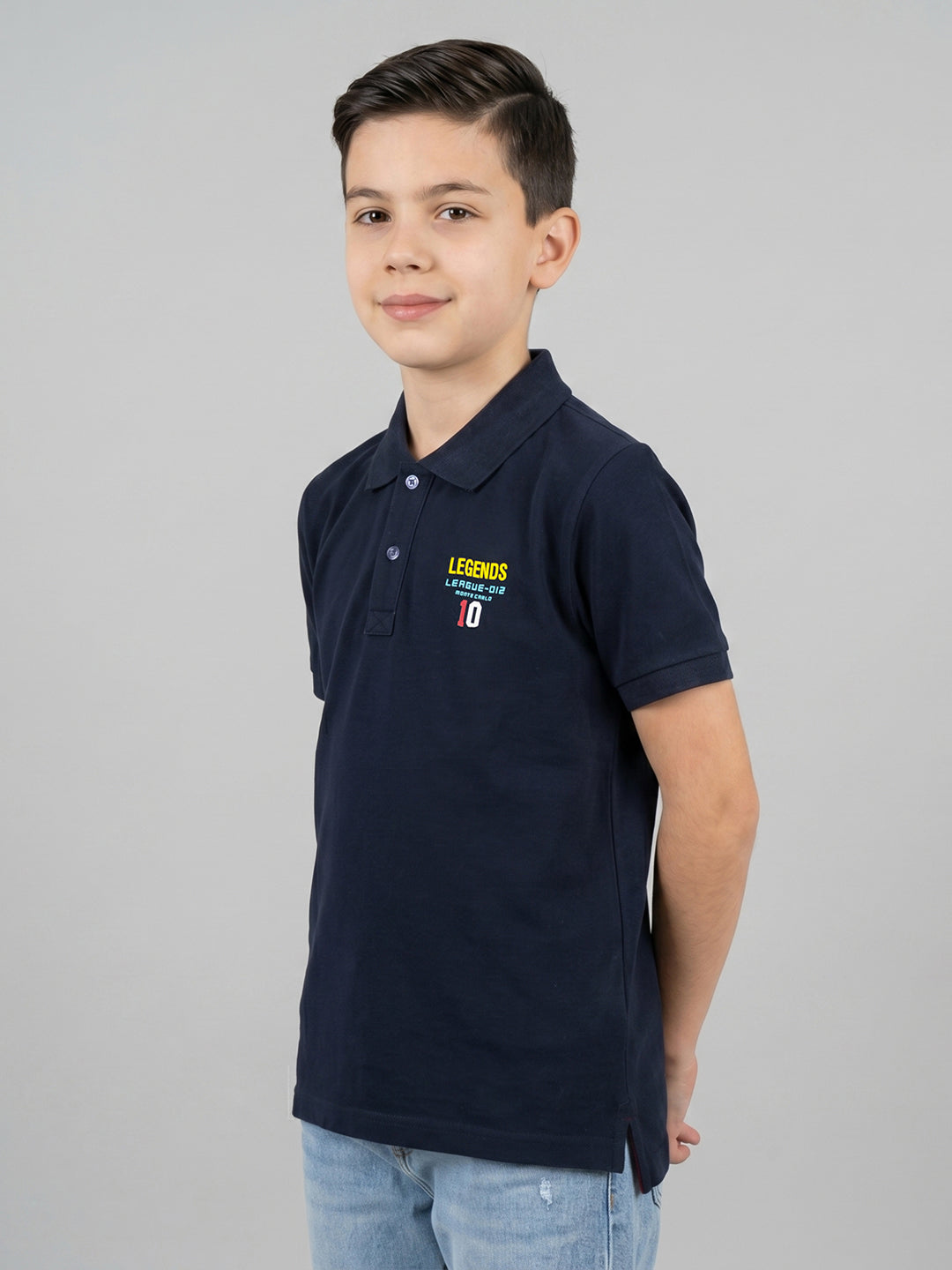 Boys Navy Blue Solid Collar Half Sleeve T-Shirt