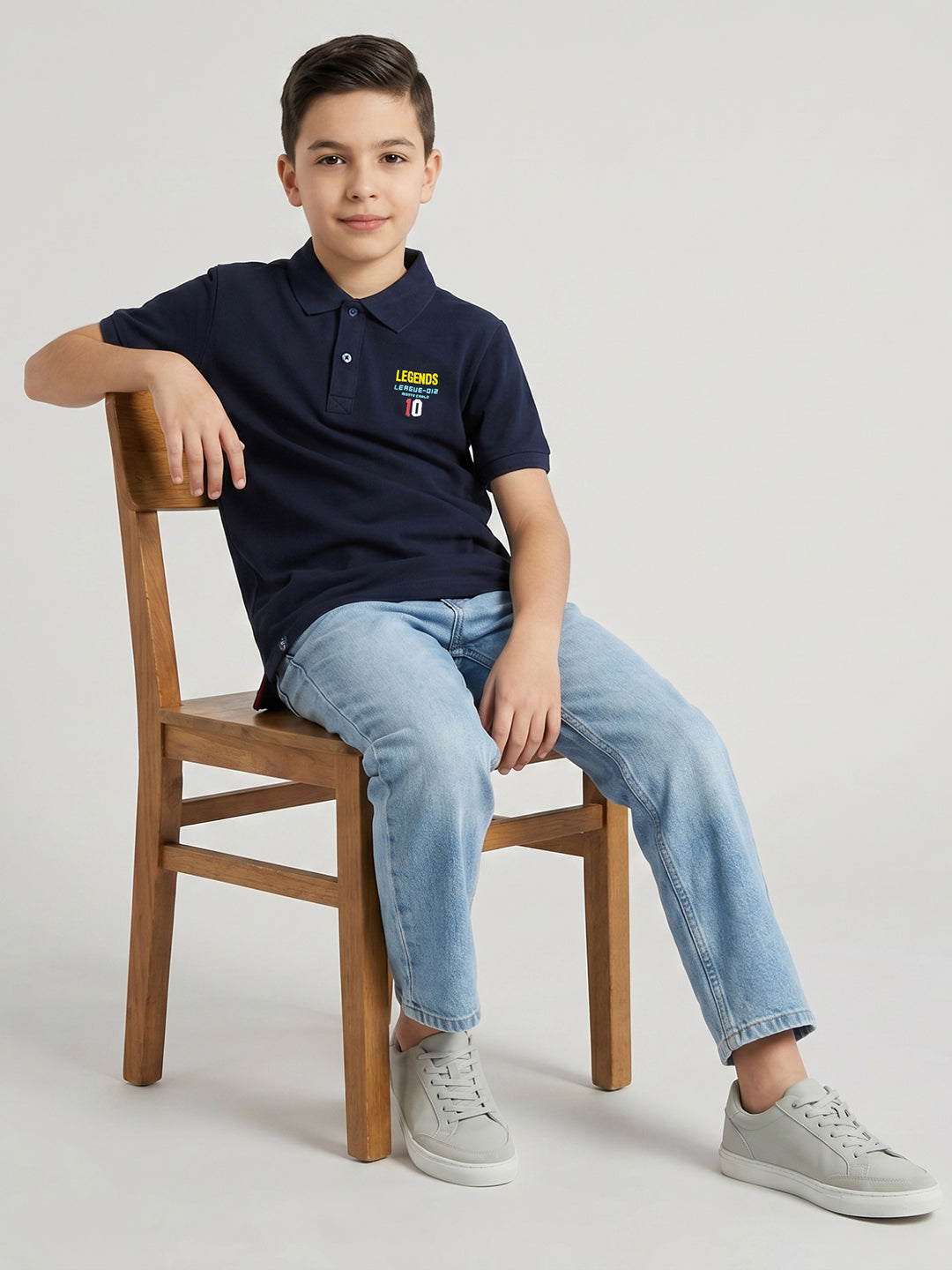 Boys Navy Blue Solid Collar Half Sleeve T-Shirt
