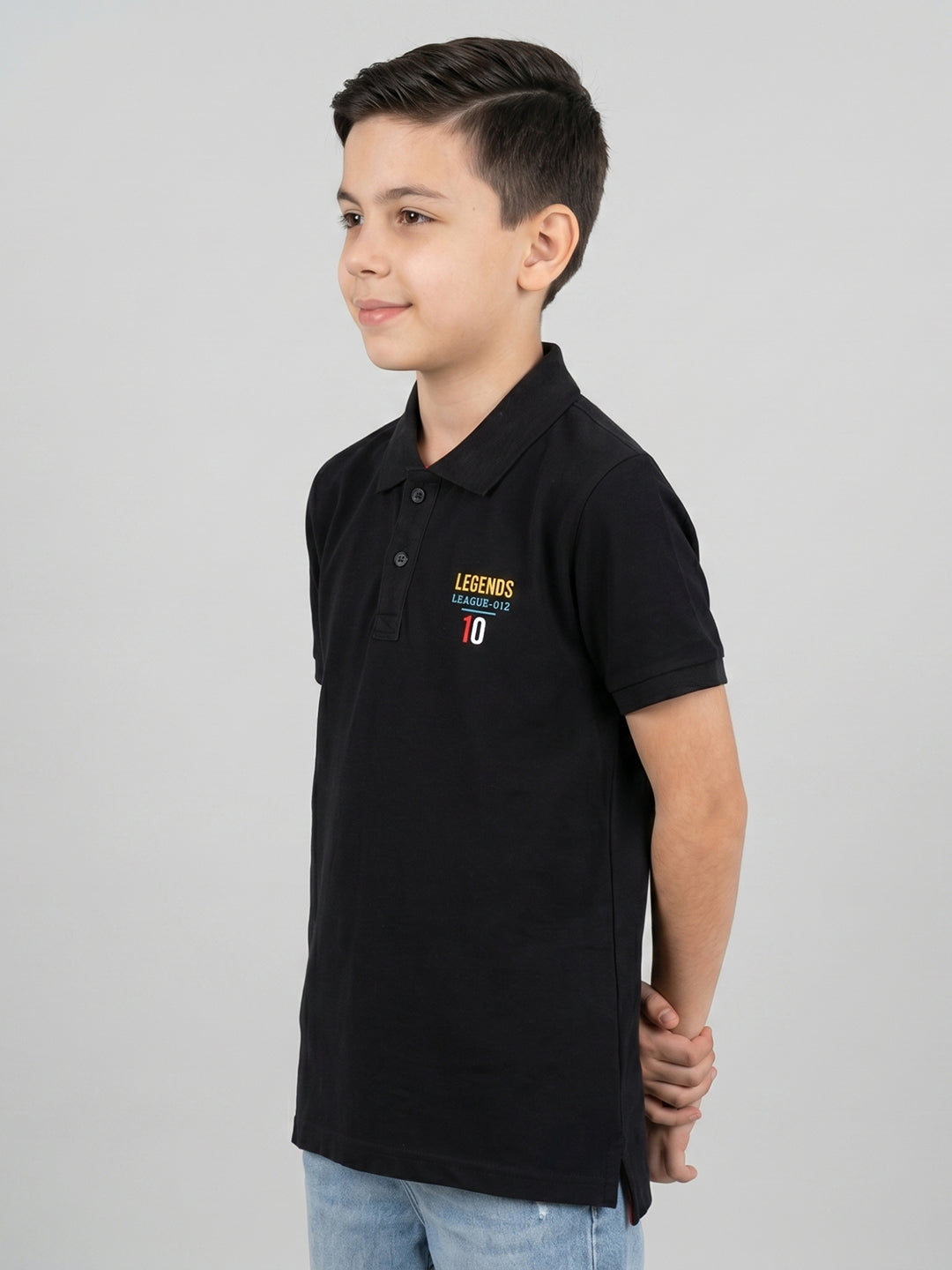 Boys Black Solid Collar Half Sleeve T-Shirt