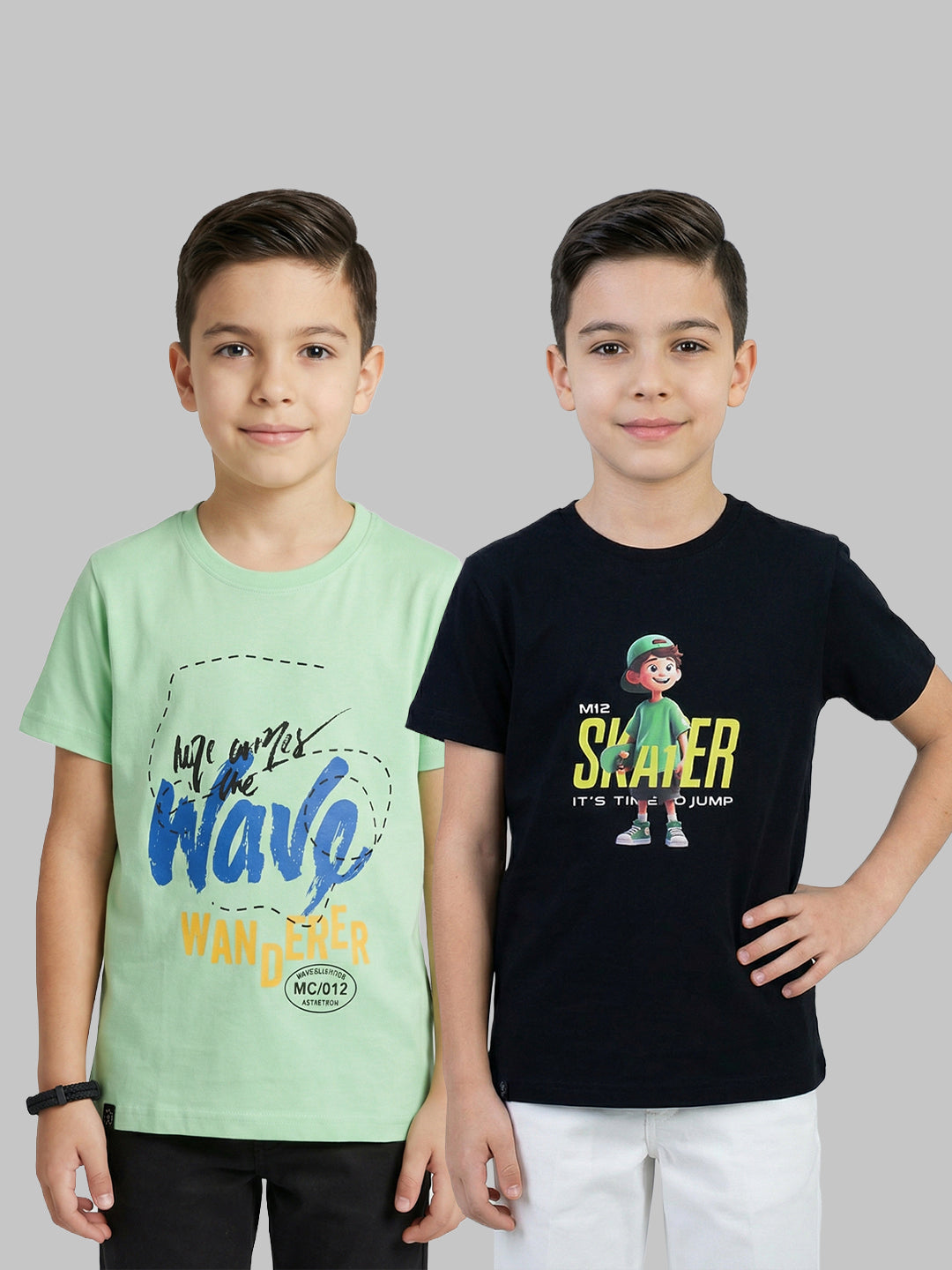 Boys Navy Blue & Green Printed Round Neck Half Sleeve T-Shirt (Pack of 2)