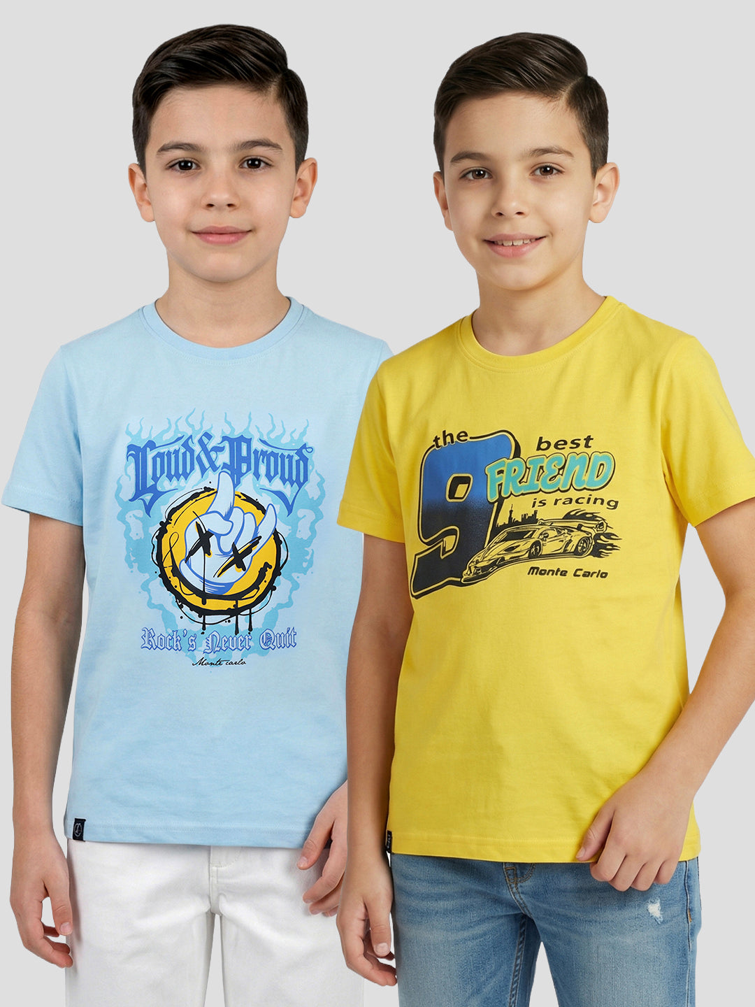 Boys Yellow & Sky Blue Printed Round Neck Half Sleeve T-Shirt (Pack of 2)