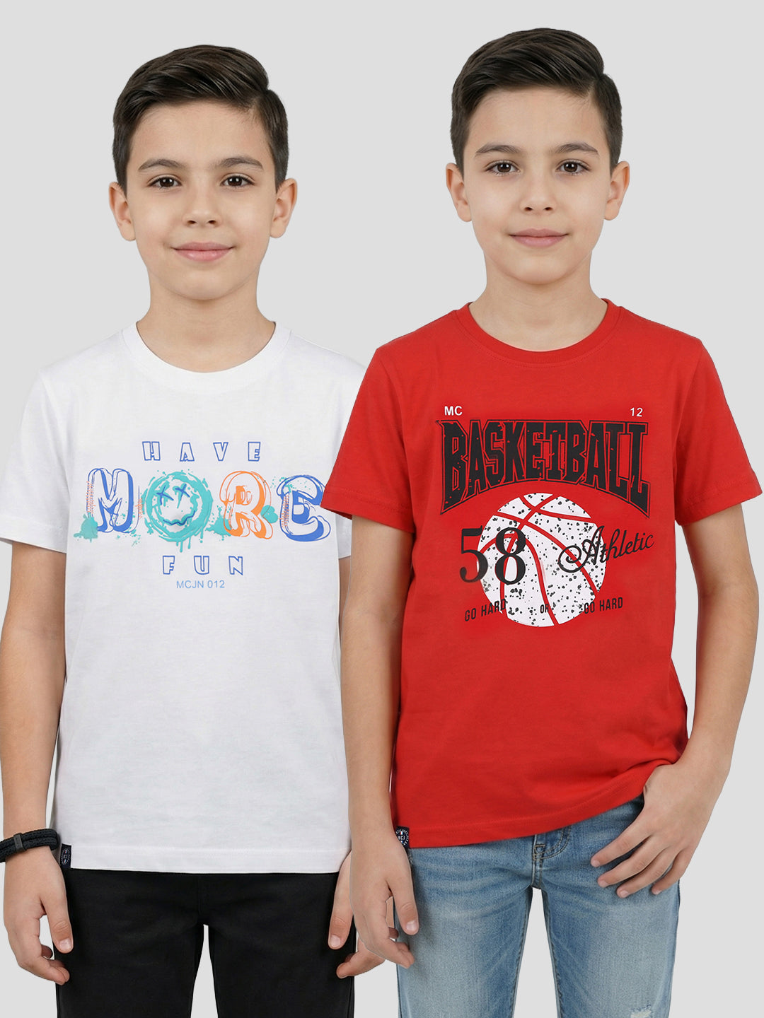 Boys Red & White Printed Round Neck Half Sleeve T-Shirt (Pack of 2)