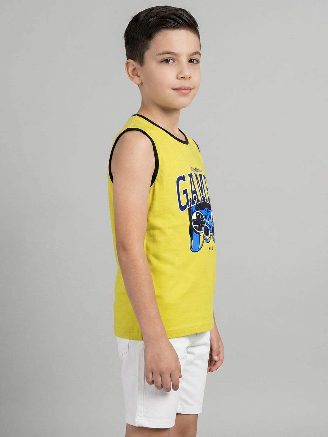 Boys Yellow & Sky Blue Printed Round Neck Sleeveless T-Shirt (Pack of 2)
