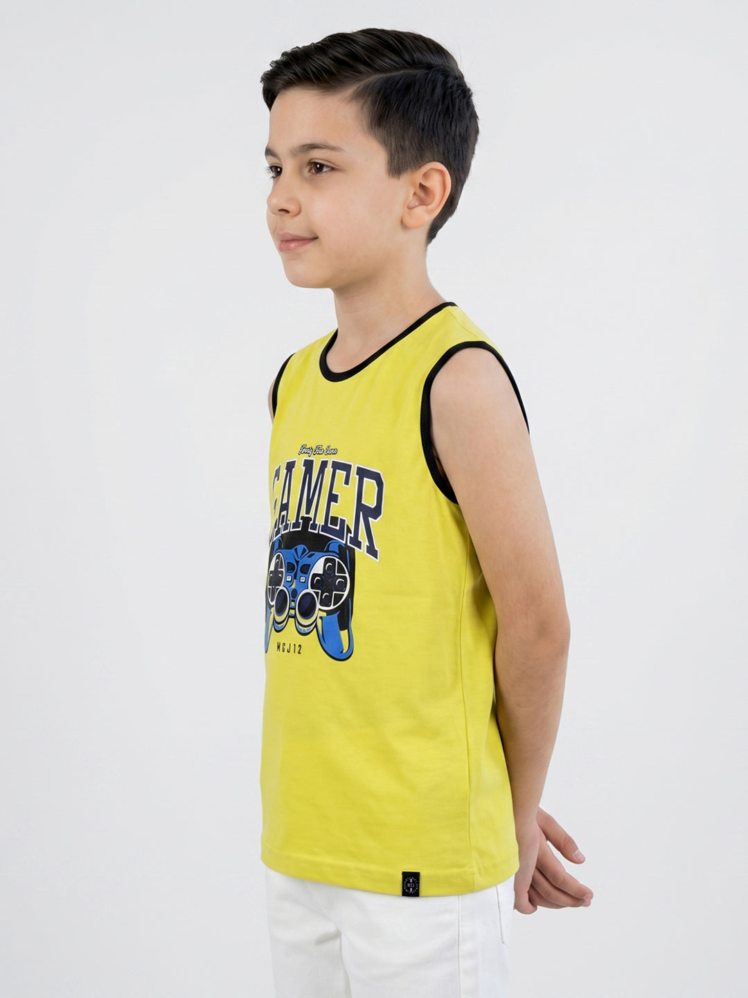 Boys Yellow & Sky Blue Printed Round Neck Sleeveless T-Shirt (Pack of 2)