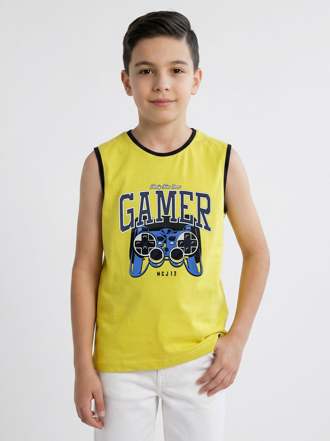 Boys Yellow & Sky Blue Printed Round Neck Sleeveless T-Shirt (Pack of 2)