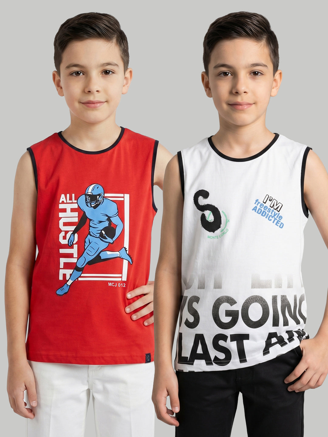 Boys Red & White Printed Round Neck Sleeveless T-Shirt (Pack of 2)