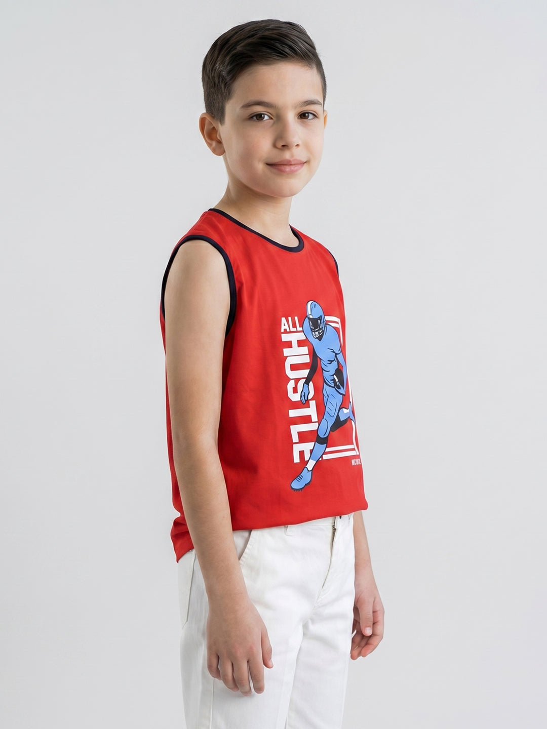 Boys Red & White Printed Round Neck Sleeveless T-Shirt (Pack of 2)