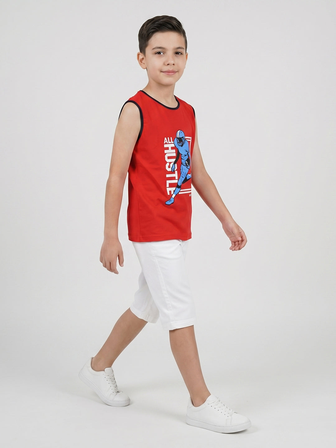 Boys Red & White Printed Round Neck Sleeveless T-Shirt (Pack of 2)