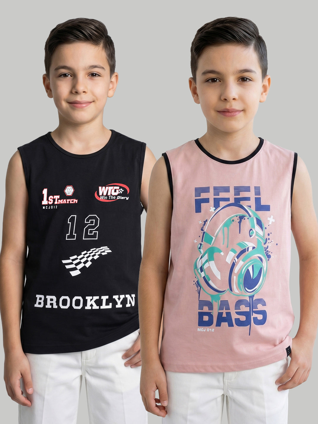Boys Peach & Black Printed Round Neck Sleeveless T-Shirt (Pack of 2)