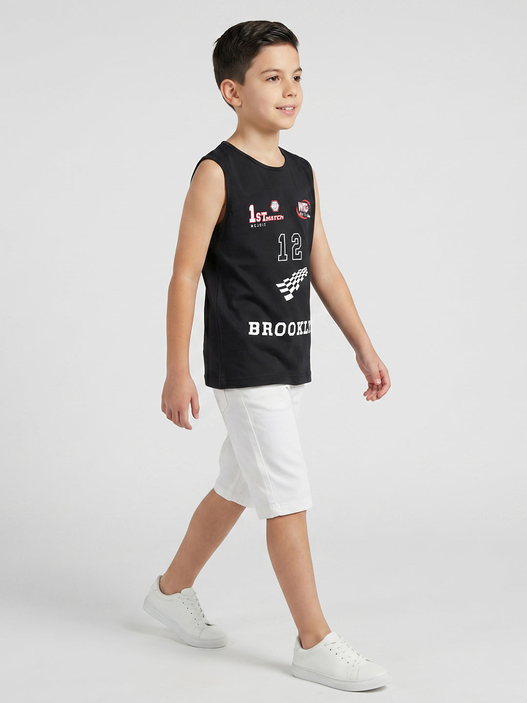 Boys Peach & Black Printed Round Neck Sleeveless T-Shirt (Pack of 2)