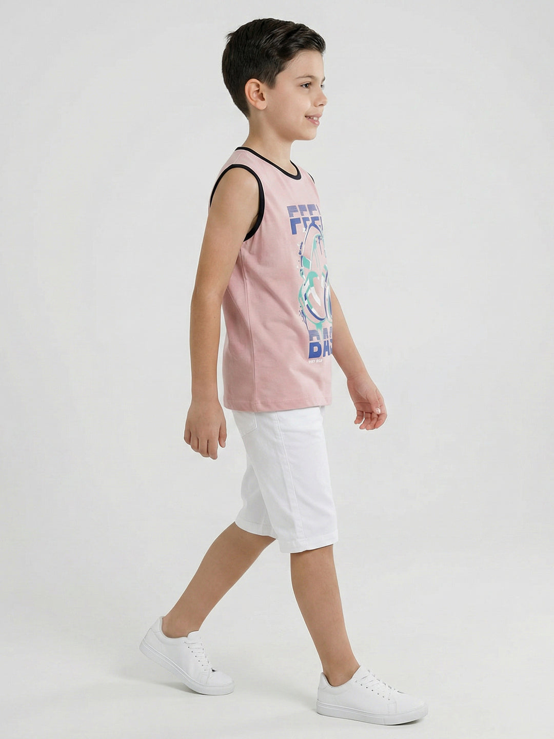 Boys Peach & Black Printed Round Neck Sleeveless T-Shirt (Pack of 2)