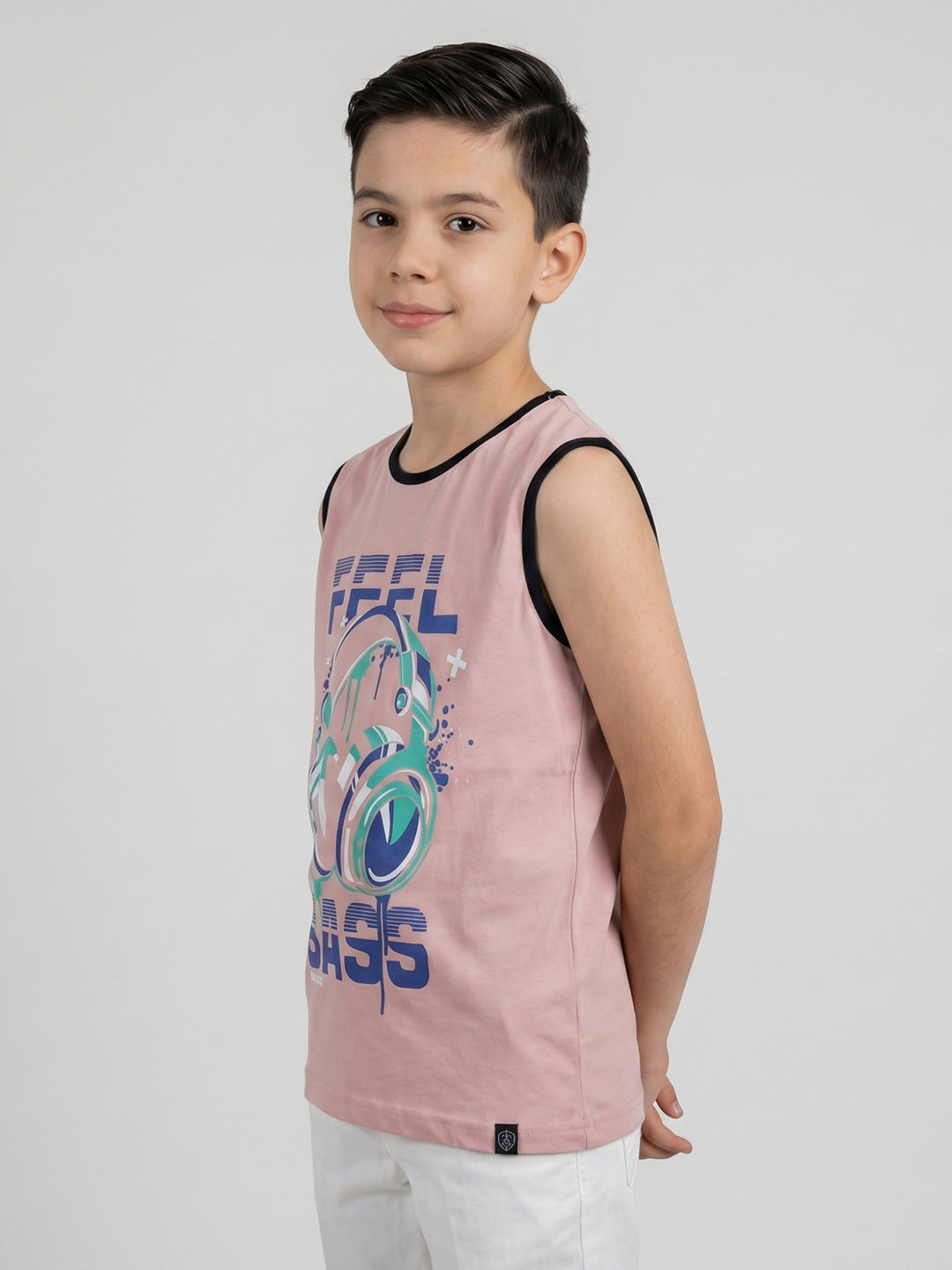 Boys Peach & Black Printed Round Neck Sleeveless T-Shirt (Pack of 2)
