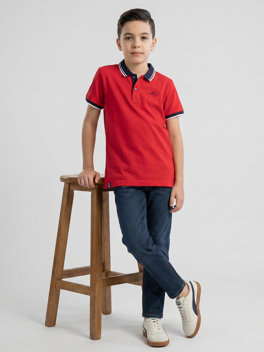 Boys Red Printed Collar Half Sleeve T-Shirt