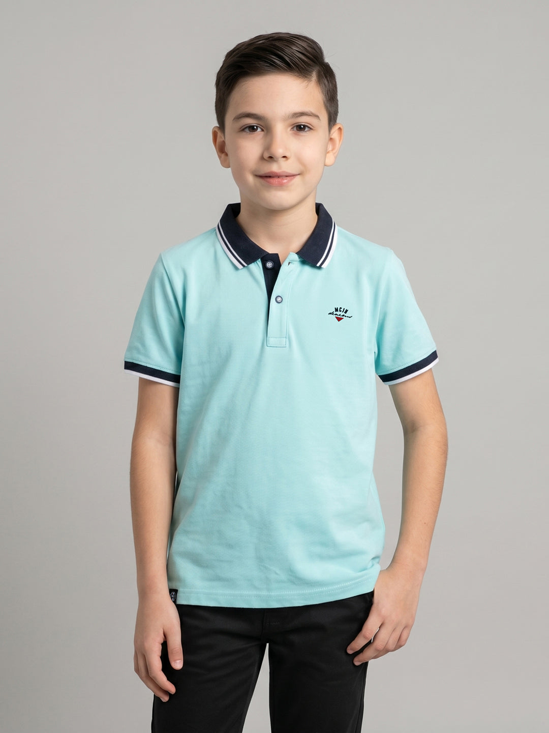 Boys Aqua Blue Printed Collar Half Sleeve T-Shirt