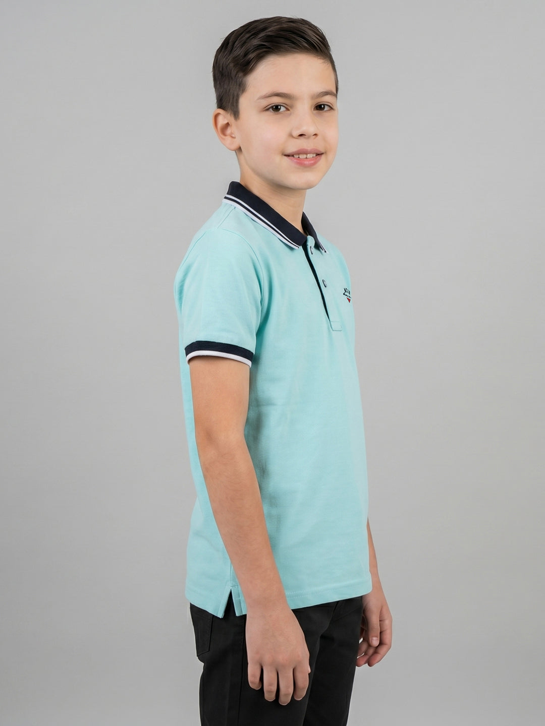 Boys Aqua Blue Printed Collar Half Sleeve T-Shirt