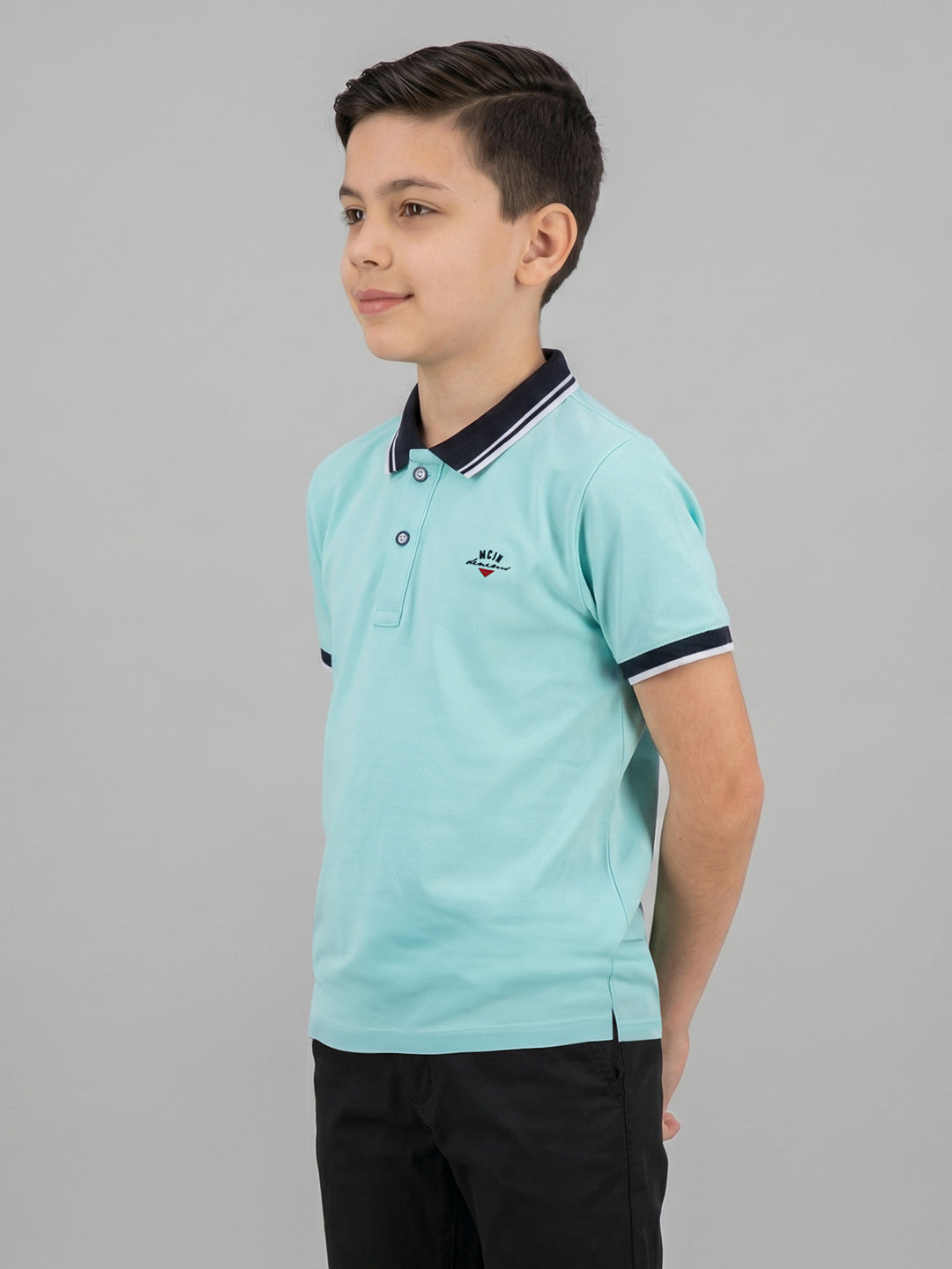 Boys Aqua Blue Printed Collar Half Sleeve T-Shirt