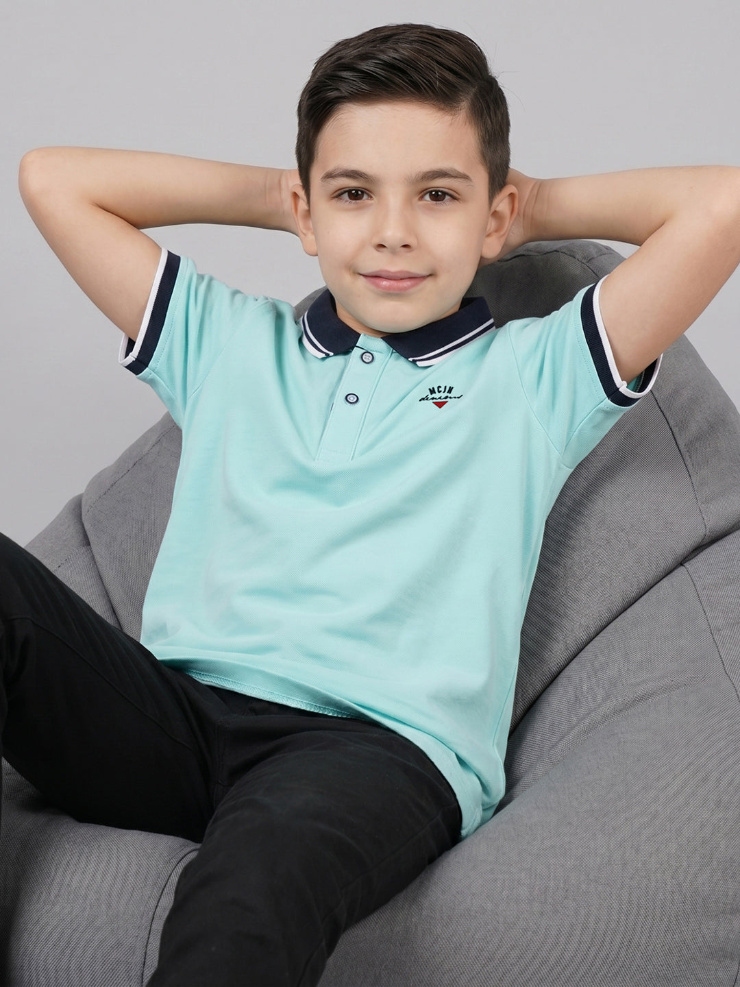 Boys Aqua Blue Printed Collar Half Sleeve T-Shirt