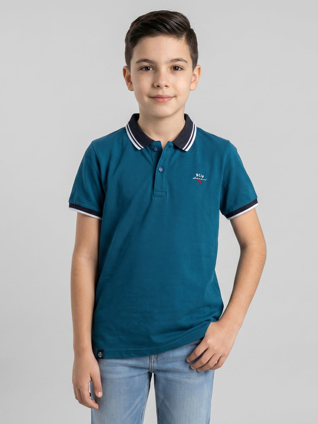 Boys Teal Blue Printed Collar Half Sleeve T-Shirt