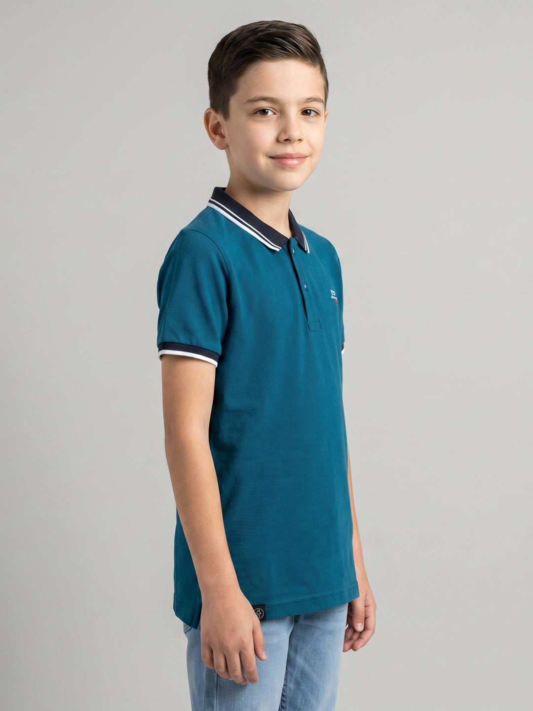 Boys Teal Blue Printed Collar Half Sleeve T-Shirt