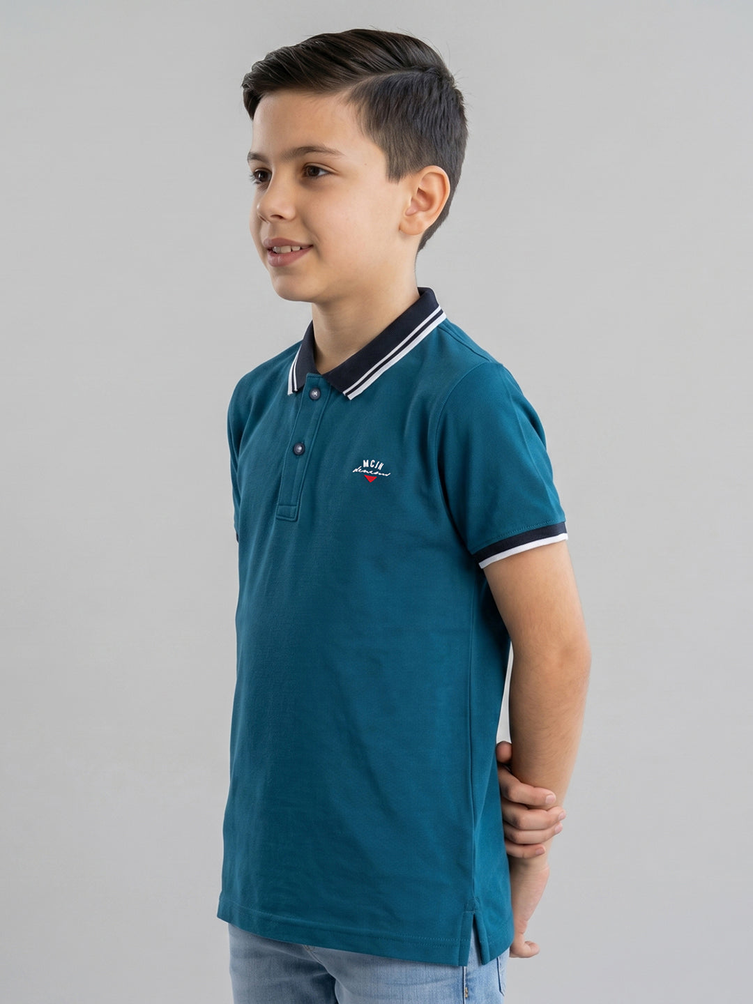 Boys Teal Blue Printed Collar Half Sleeve T-Shirt