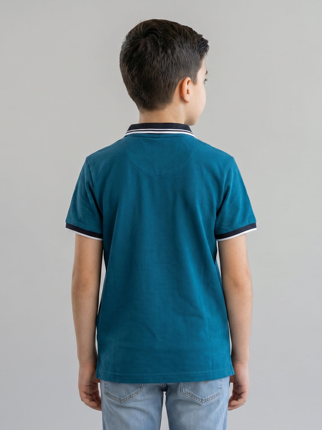 Boys Teal Blue Printed Collar Half Sleeve T-Shirt