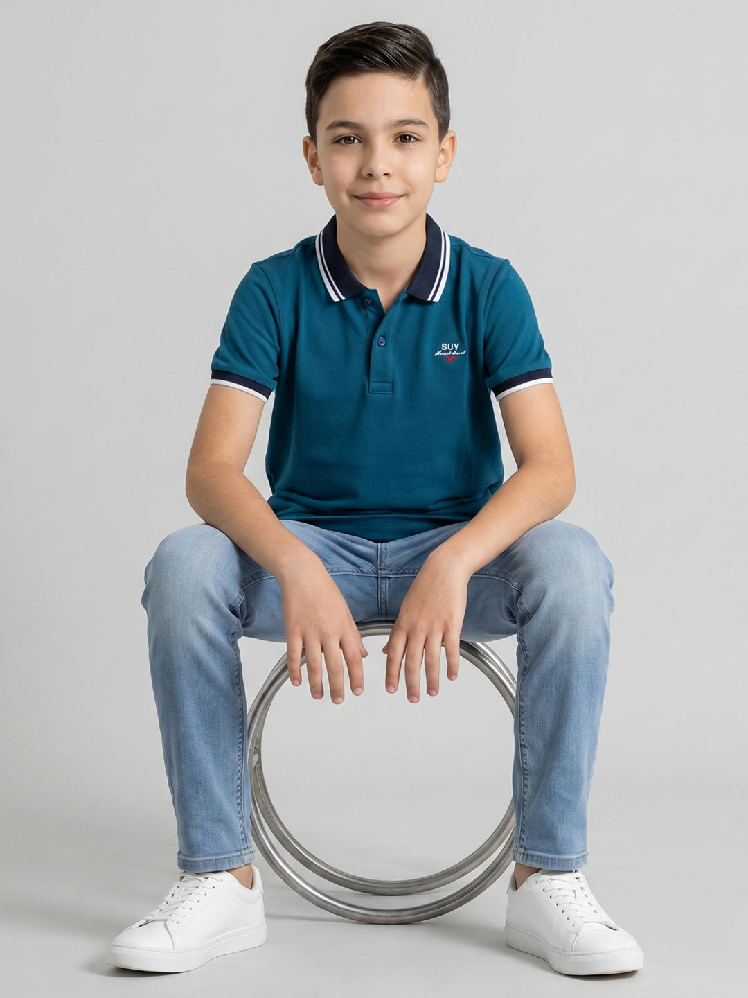 Boys Teal Blue Printed Collar Half Sleeve T-Shirt