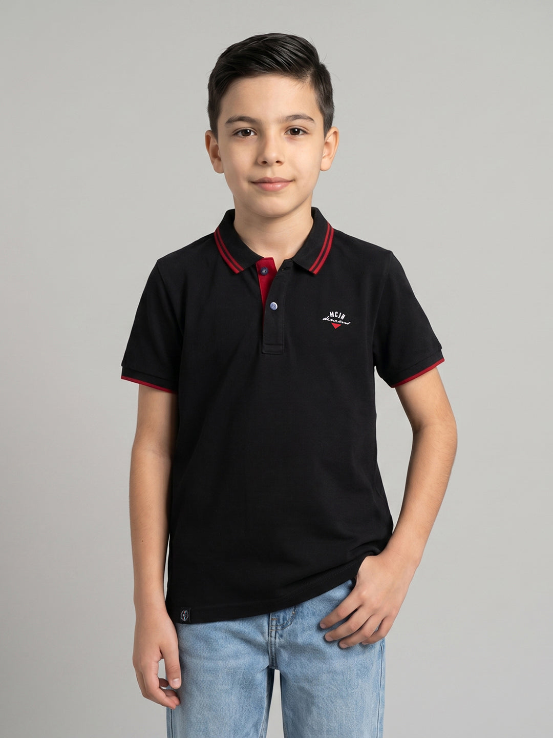 Boys Black Printed Collar Half Sleeve T-Shirt