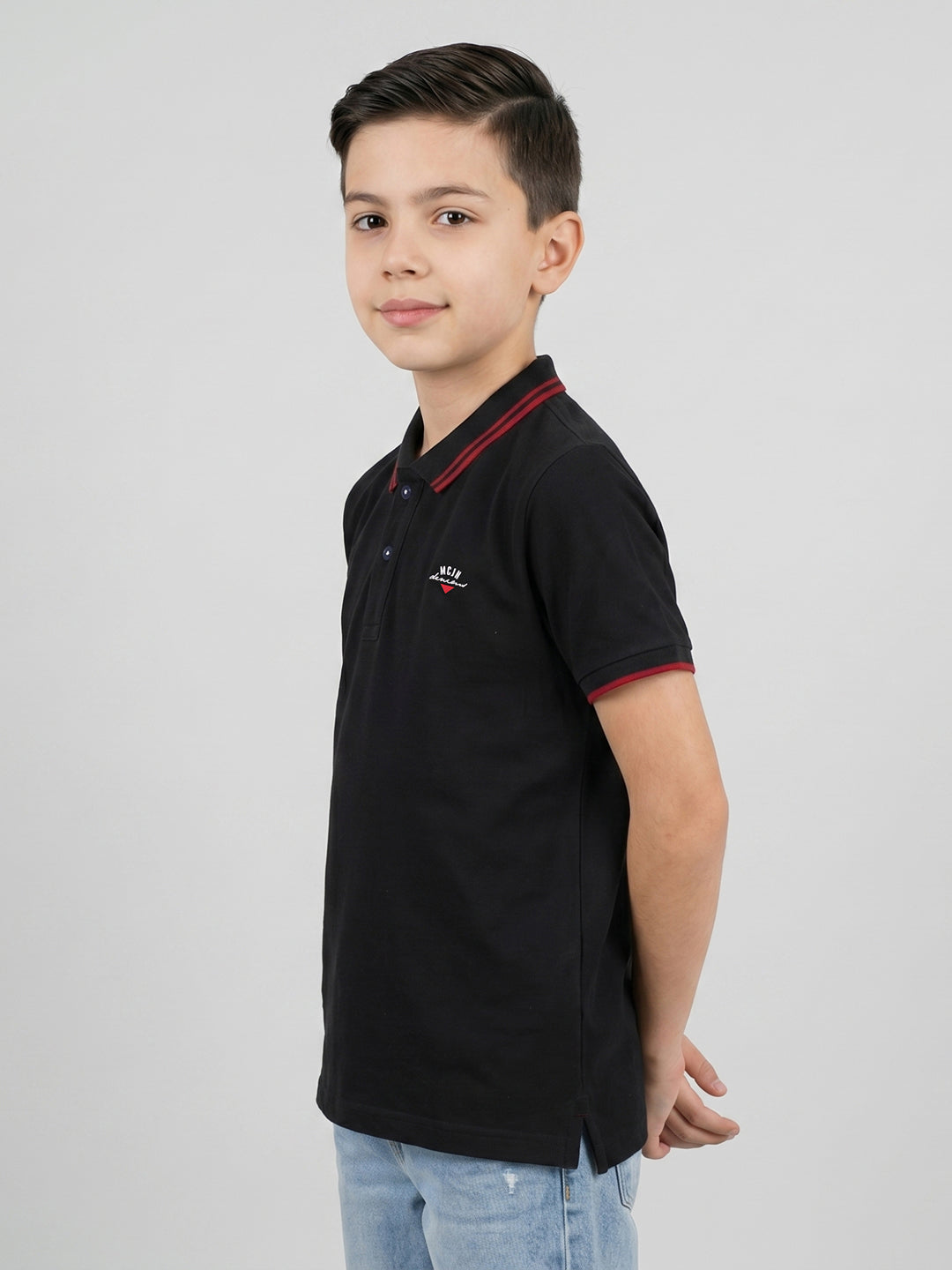 Boys Black Printed Collar Half Sleeve T-Shirt
