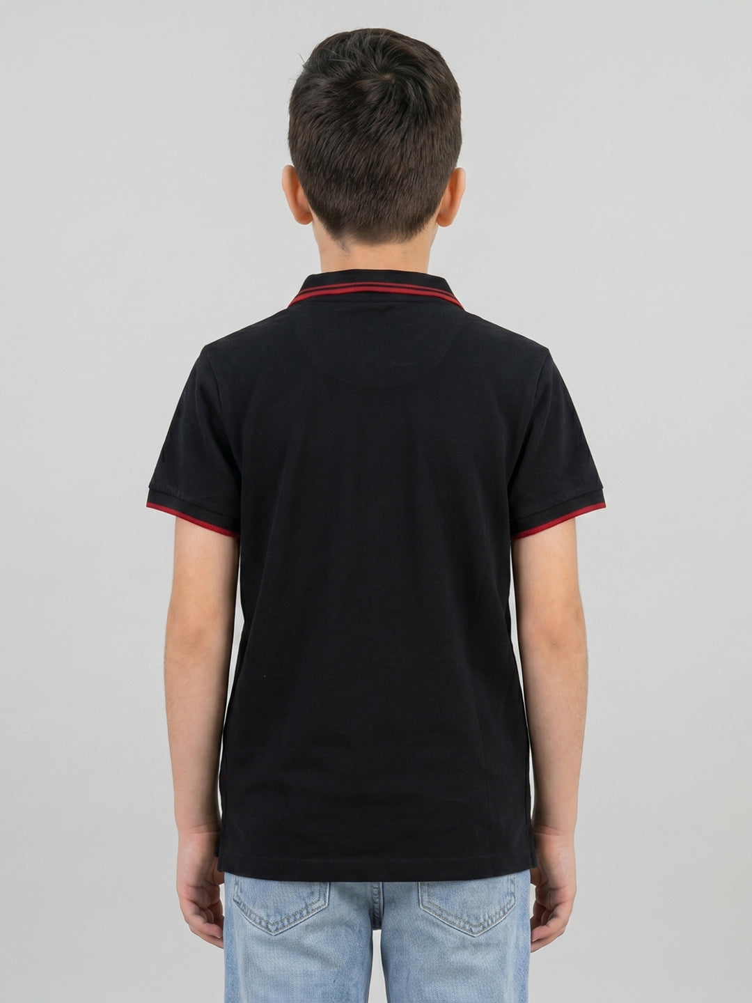 Boys Black Printed Collar Half Sleeve T-Shirt