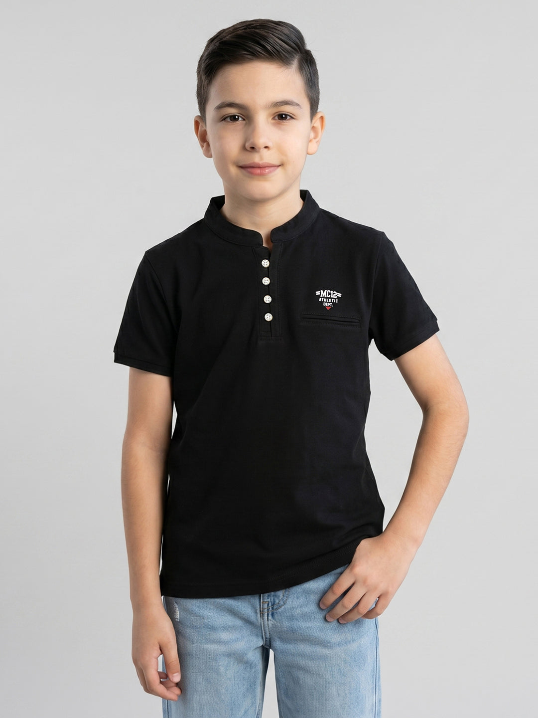 Boys Black Printed Band Collar Half Sleeve T-Shirt