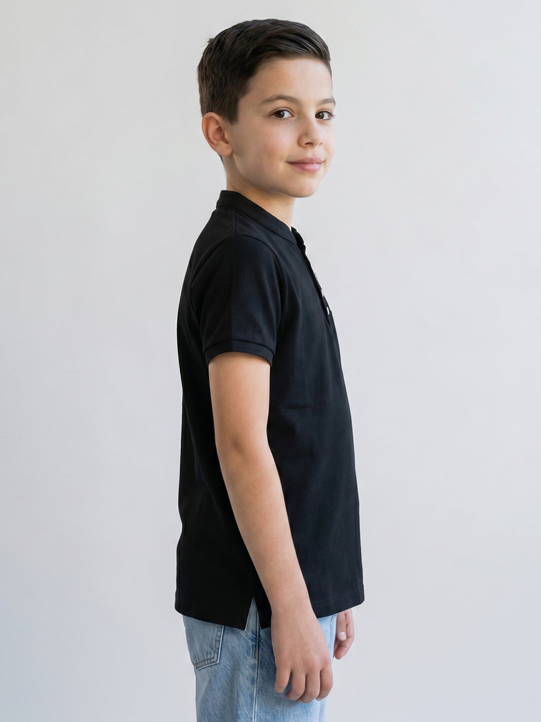 Boys Black Printed Band Collar Half Sleeve T-Shirt