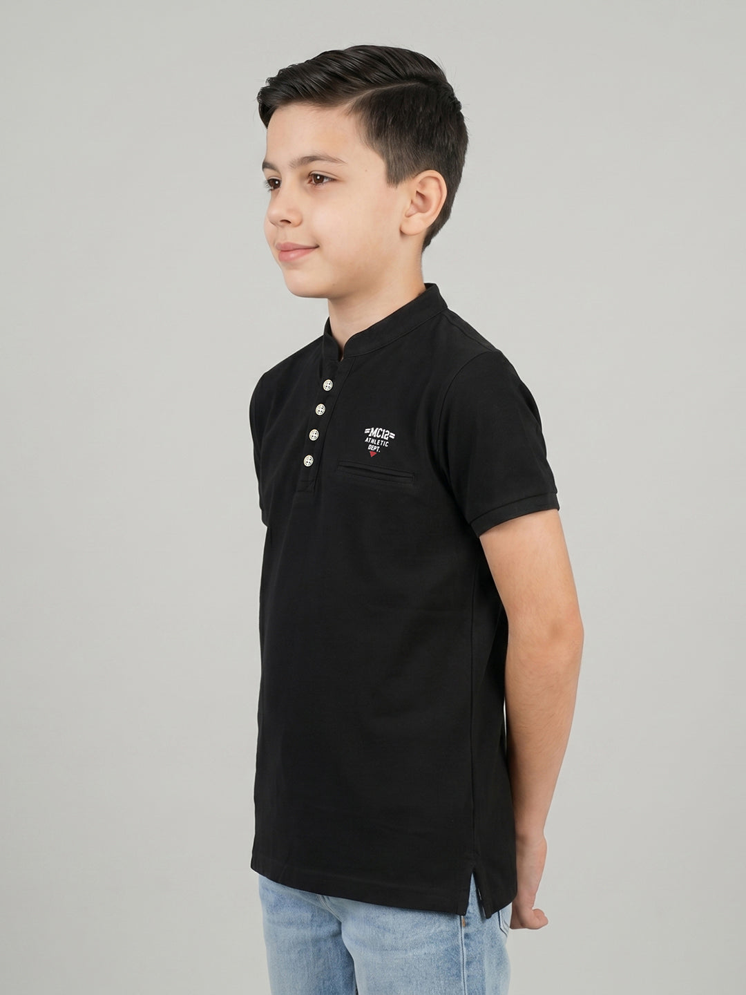 Boys Black Printed Band Collar Half Sleeve T-Shirt