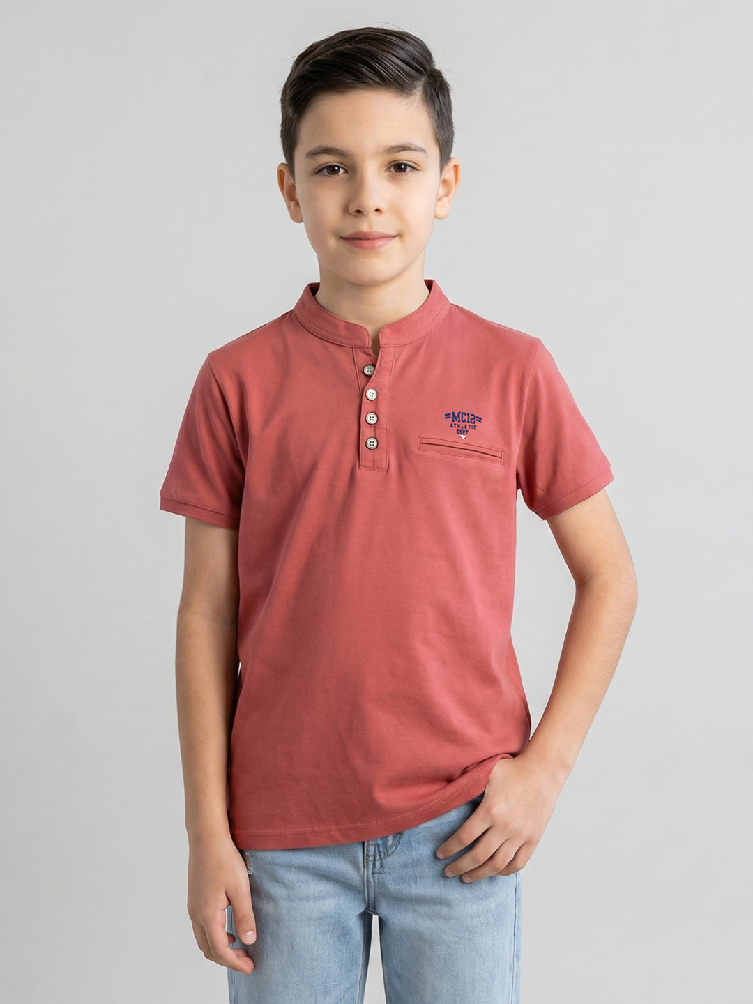 Boys Rose Red Solid Henley Neck Half Sleeve T-Shirt