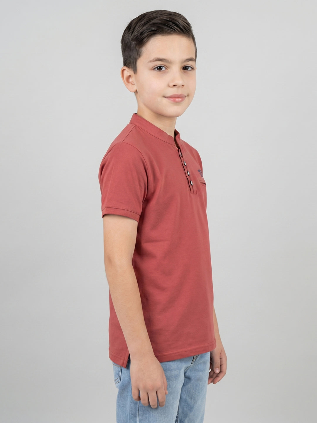 Boys Rose Red Solid Henley Neck Half Sleeve T-Shirt
