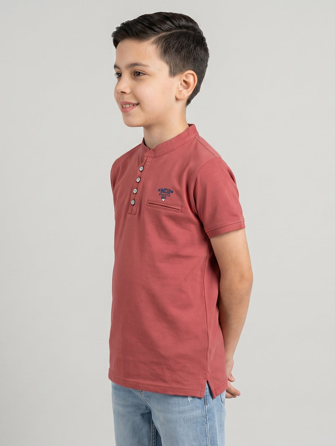 Boys Rose Red Solid Henley Neck Half Sleeve T-Shirt