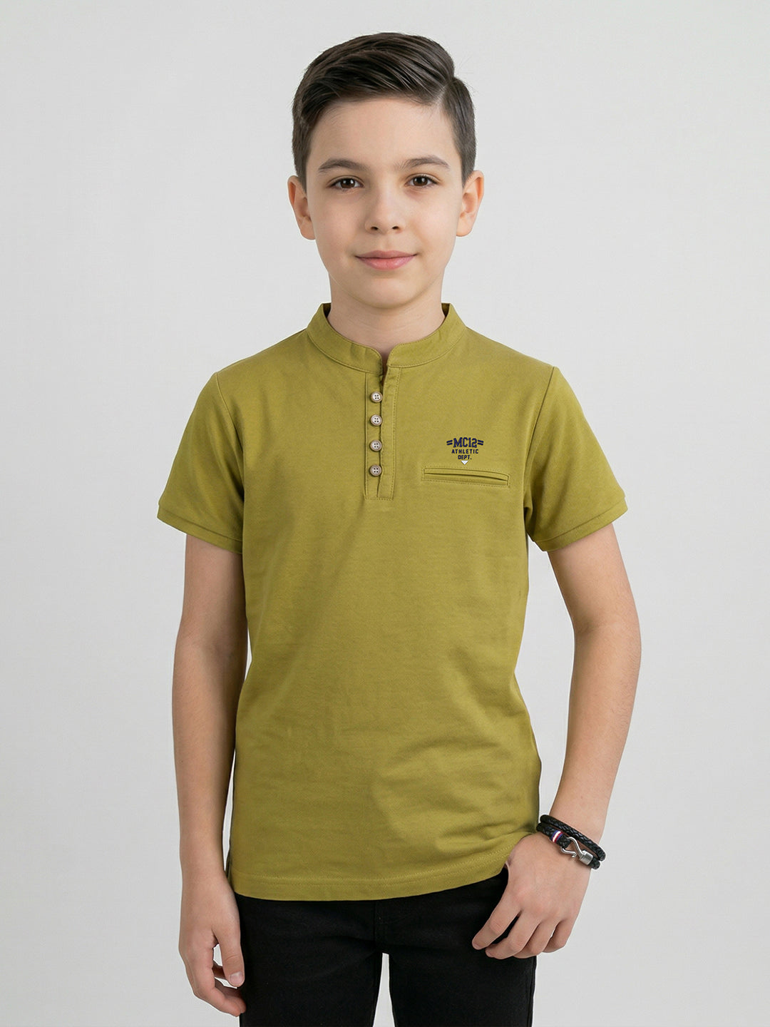 Boys Lime Green Solid Henley Neck Half Sleeve T-Shirt