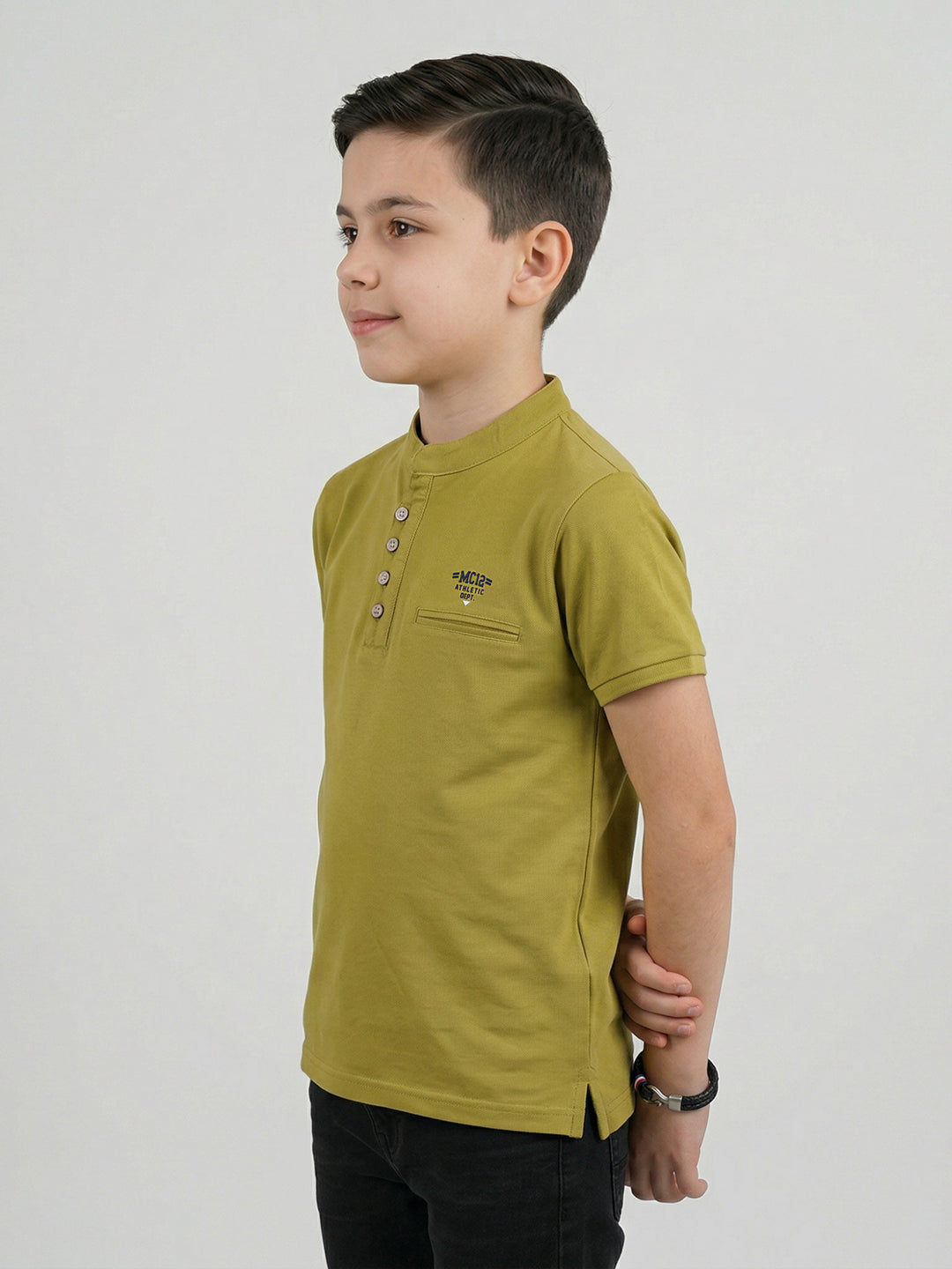 Boys Lime Green Solid Henley Neck Half Sleeve T-Shirt