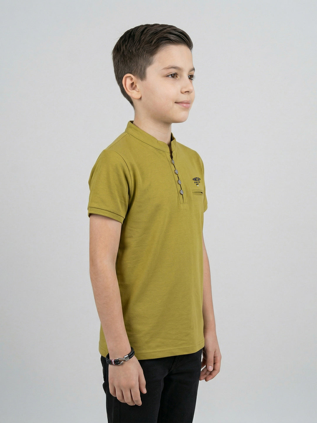 Boys Lime Green Solid Henley Neck Half Sleeve T-Shirt