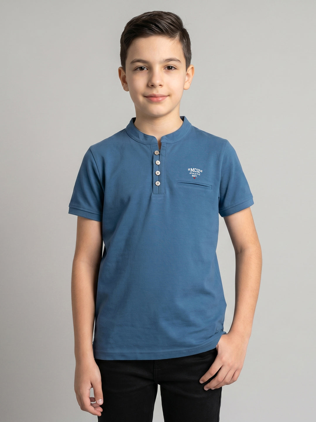 Boys Blue Printed Band Collar Half Sleeve T-Shirt