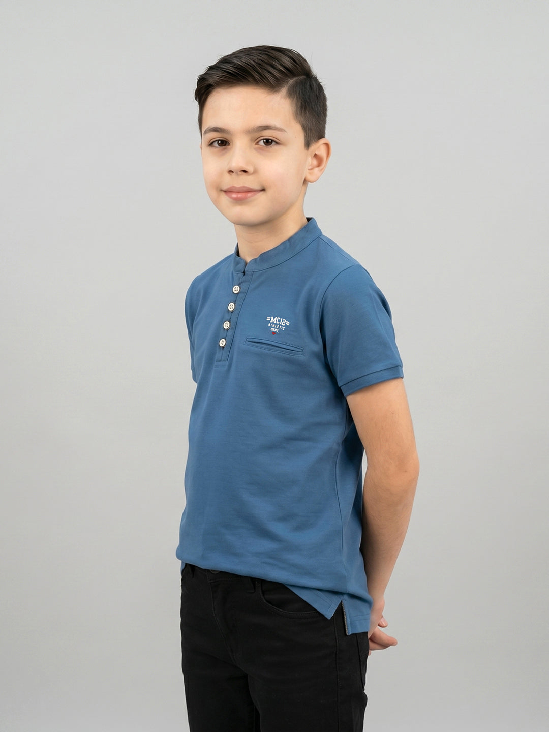 Boys Blue Printed Band Collar Half Sleeve T-Shirt