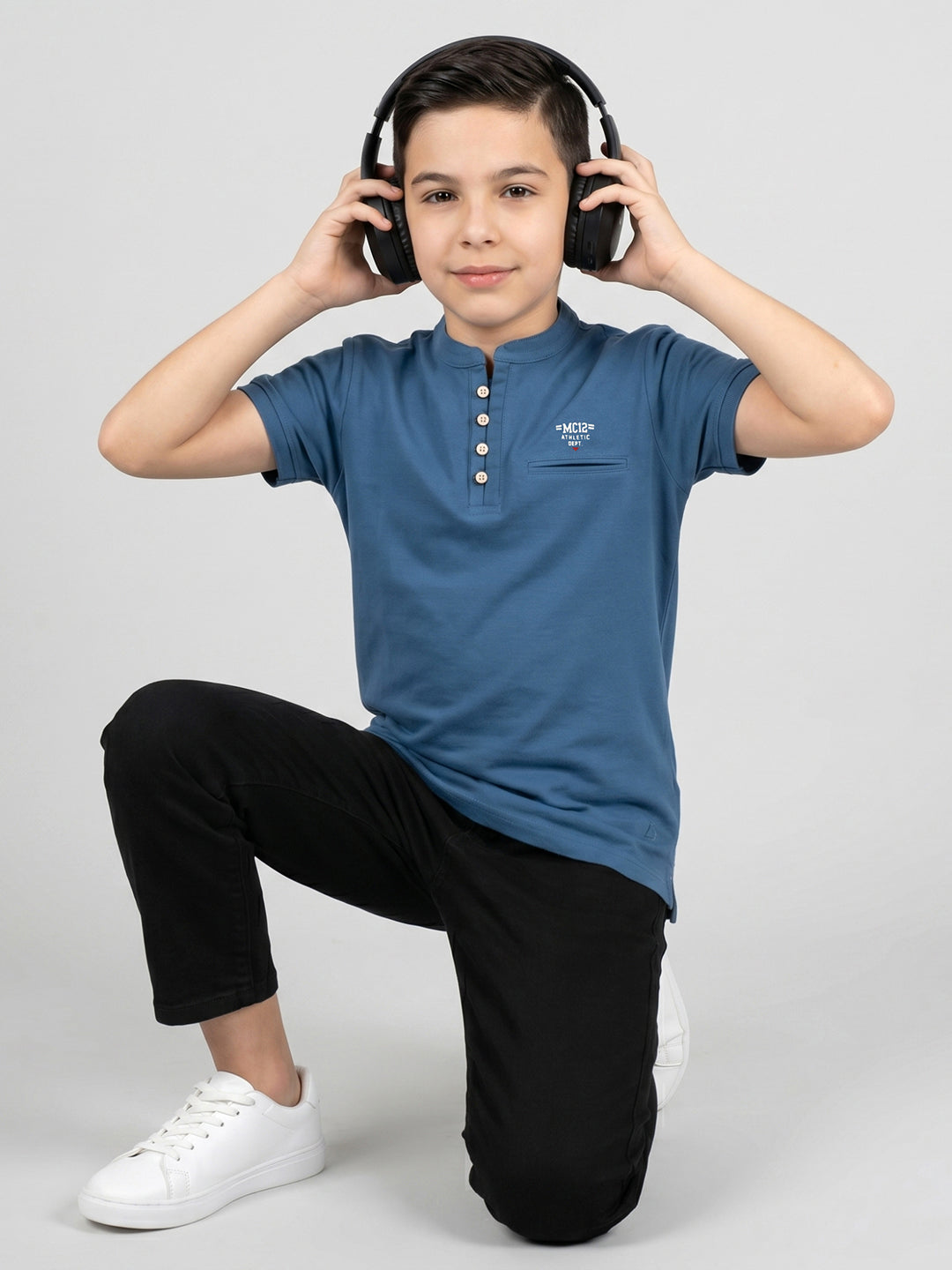Boys Blue Printed Band Collar Half Sleeve T-Shirt