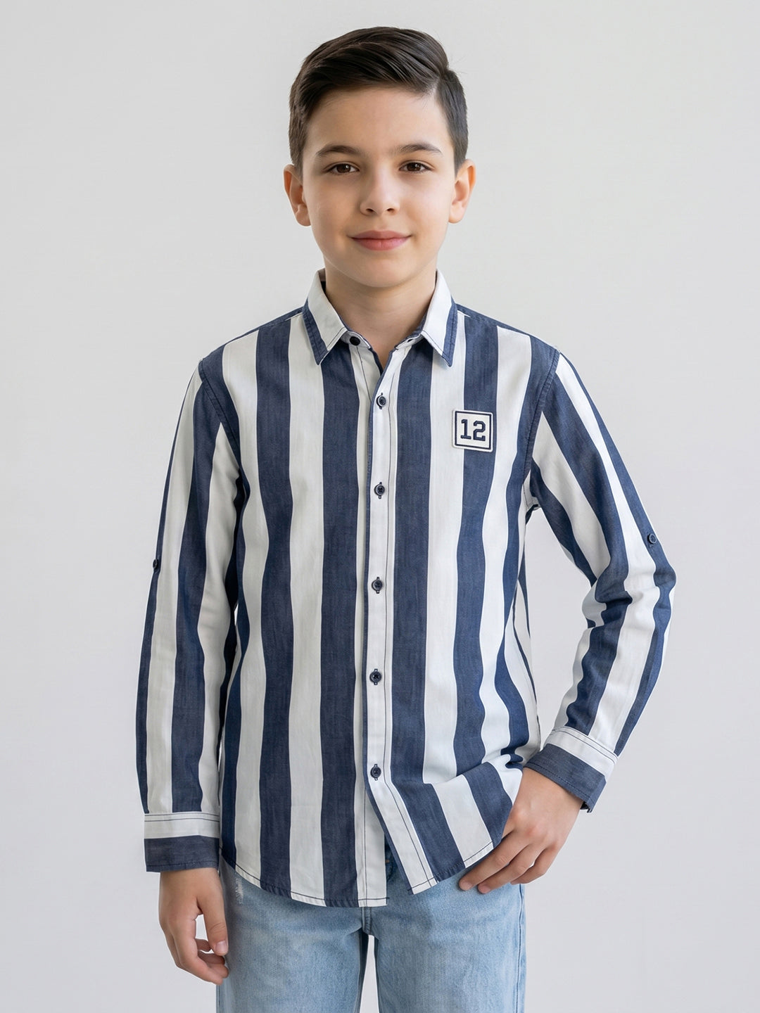 Boys Blue Stripe Collar Full Sleeve Shirt