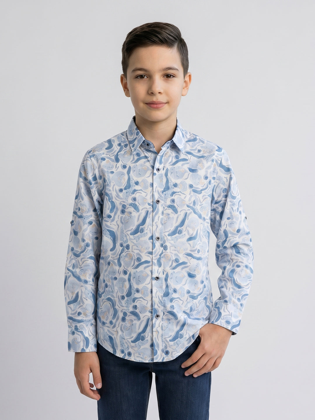 Boys Blue Printed Collar Full Sleeve Shirt