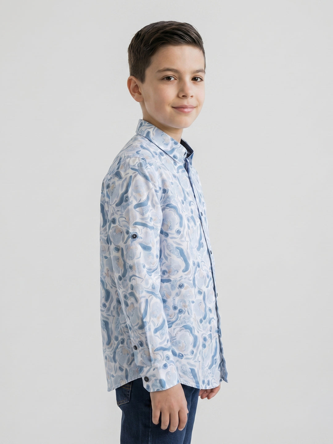 Boys Blue Printed Collar Full Sleeve Shirt