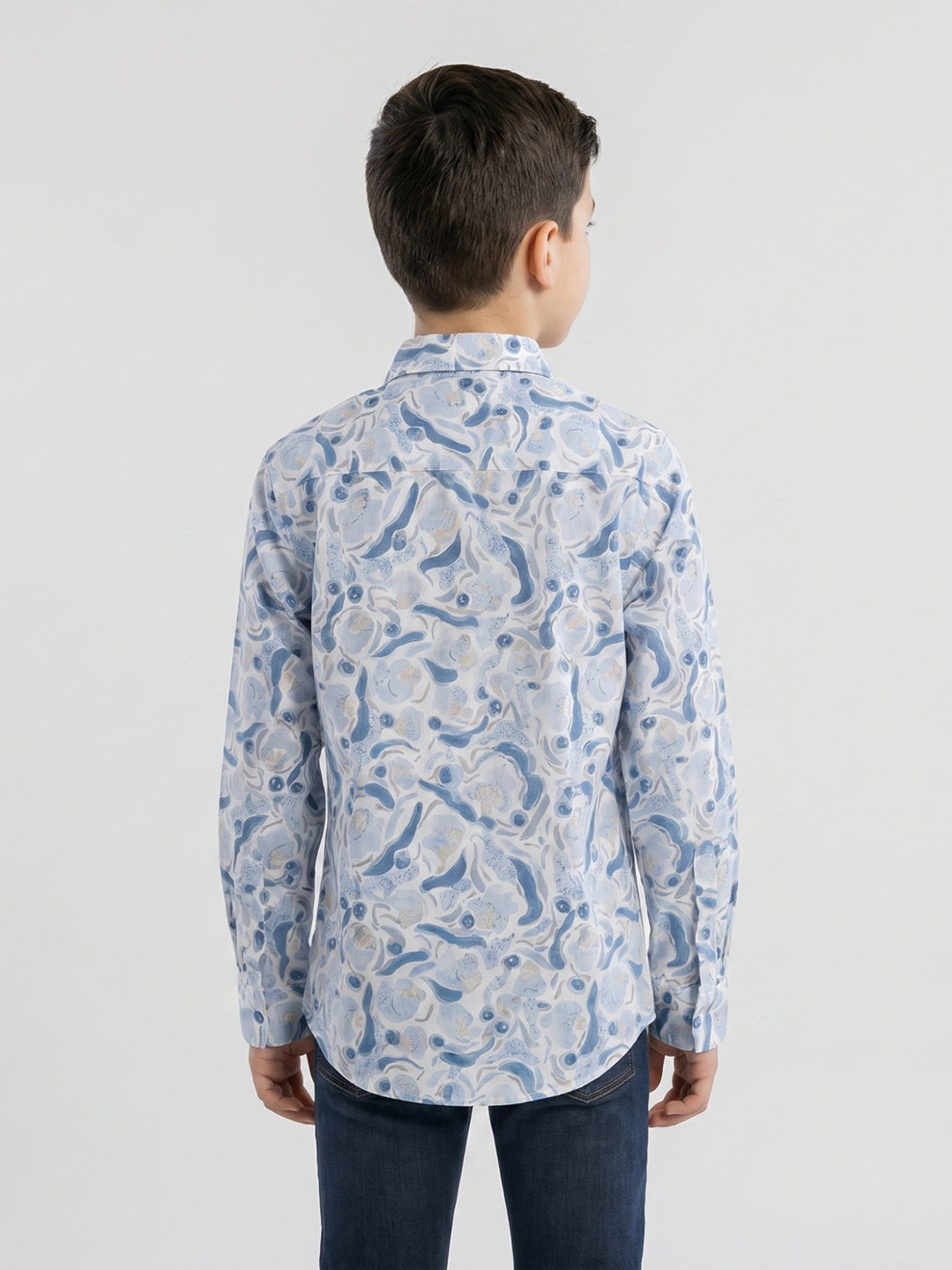 Boys Blue Printed Collar Full Sleeve Shirt