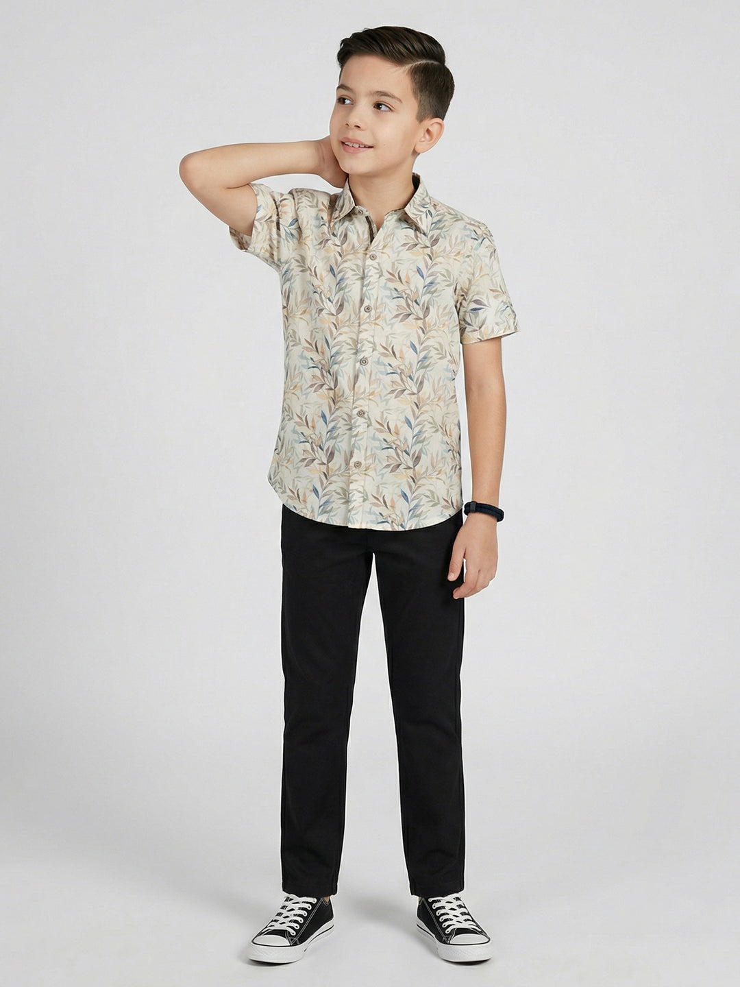 Boys Brown Printed Collar Full Sleeve Shirt