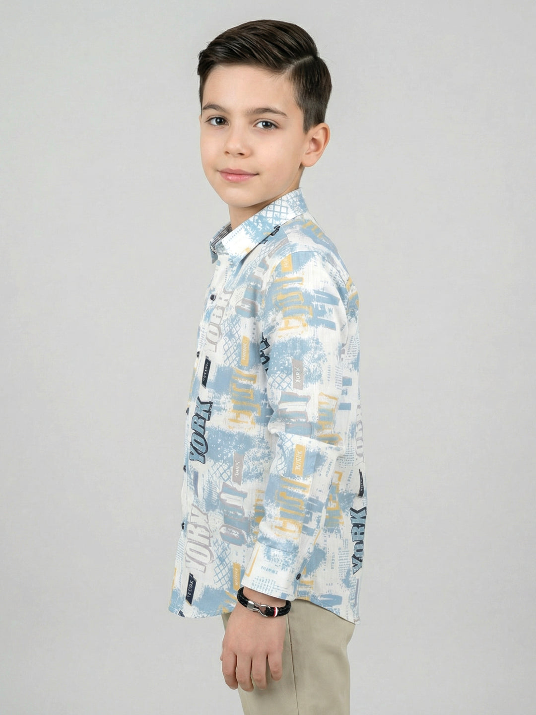 Boys White & Blue Printed Collar Full Sleeve Shirt