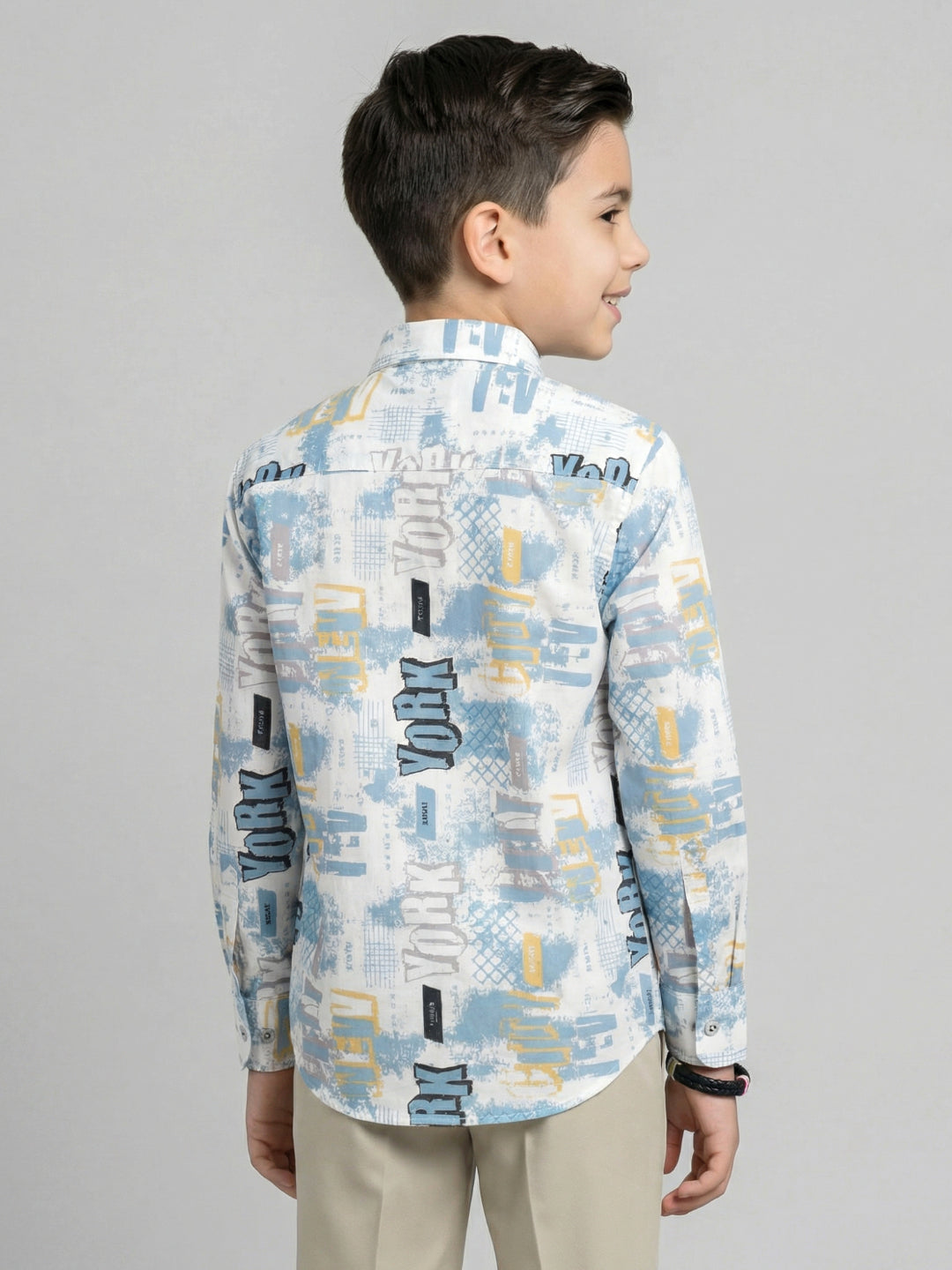 Boys White & Blue Printed Collar Full Sleeve Shirt