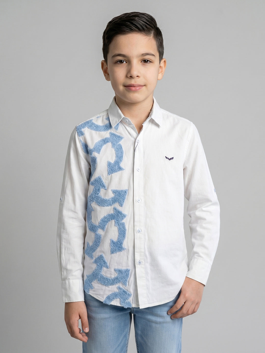 Boys White Self Design Collar Full Sleeve Shirt